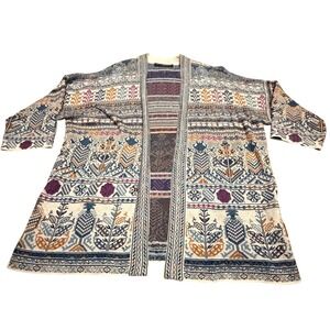 Peruvian Connection Pima Cotton Intarsia Cardigan Blue Purple Folk Art Large